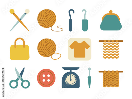 Crafting and Sewing Elements Flat Vector Design Featuring Yarn Button Scissors and Crochet Hooks for Handmade Creations and DIY Projects