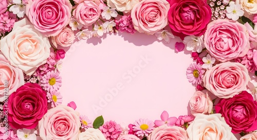 Floral Pink Roses Frame on Light Pink Backdrop for Greetings