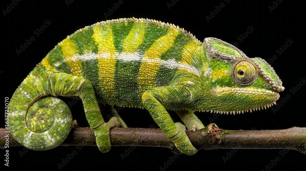 Obraz premium Vivid chameleon perched on a branch displaying vibrant colors and texture in its natural habitat