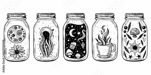 Whimsical jars filled with mystical and celestial scenes