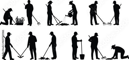 Gardening people silhouette, planting, watering, raking leaves, outdoor maintenance, black and white vector illustration for landscaping, yard work, eco-friendly projects, agriculture.