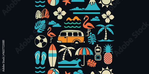 Retro summer vacation vibes with tropical icons and a vintage van