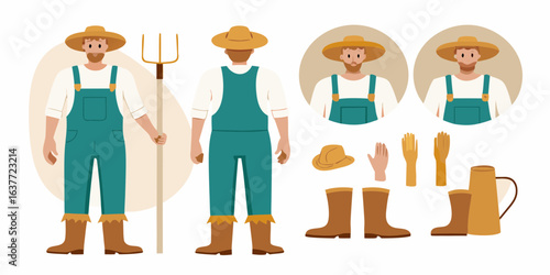 Farmer character design with agricultural tools and accessories