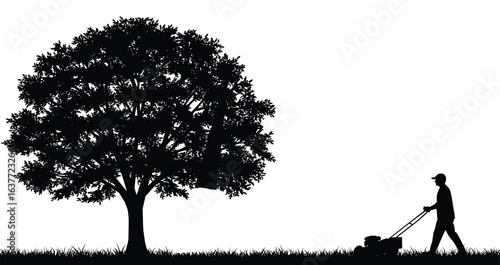 Man mowing lawn under big tree silhouette, grass cutting, gardener work, outdoor landscape, black and white vector illustration design.