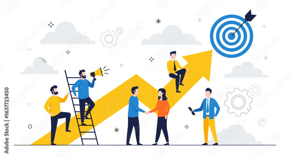 Fototapeta premium A team of business professionals collaborate and climb a rising arrow towards a target, representing success, growth, and achievement in a vector illustration.