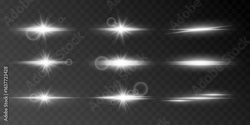 White light flashes and glare. Bright horizontal rays. EPS 10 vector.