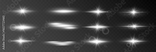 White light flashes and glare. Bright horizontal rays. EPS 10 vector.