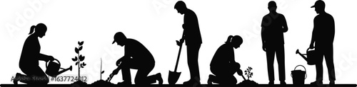 Silhouette people gardening, planting trees, watering plants, outdoor farming, agriculture work, nature care, garden maintenance, eco-friendly lifestyle, cultivation, horticulture design elements.