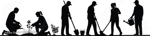 Silhouette people gardening, planting trees, watering plants, outdoor farming, agriculture work, nature care, garden maintenance, eco-friendly lifestyle, cultivation, horticulture design elements.