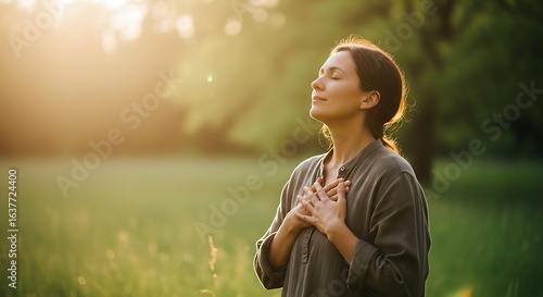 A woman practices deep breathing and meditates in a sunlit field. The woman is filled with inner peace.
