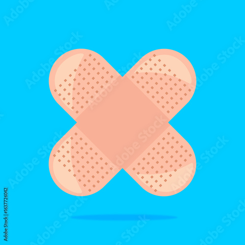 Adhesive Bandage Icon – Vector Flat Design on blue Background. Simple and clean medical graphic representing wound care, first aid, and healthcare. Ideal for hospital signage and infographics.