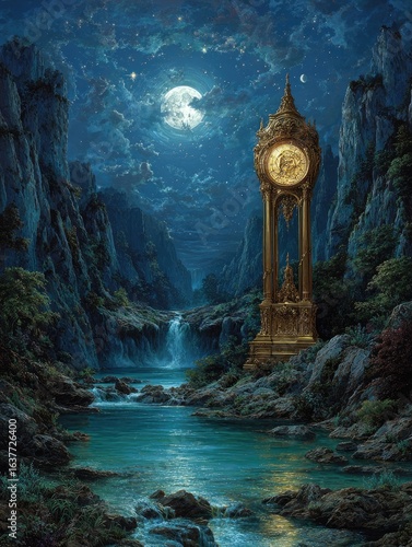 Moonlit Waterfall by Grandfather Clock