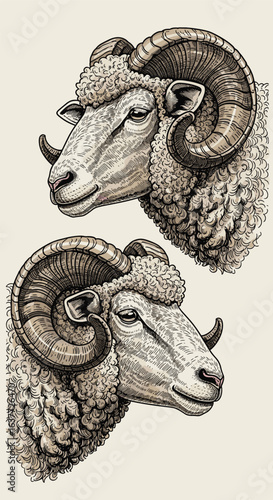 Two detailed engravings of rams heads facing left with magnificent curved horns and woolly coats