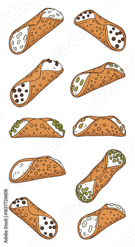 Delicious italian cannoli pastries filled with creamy ricotta cheese and chocolate chips or chopped pistachios sweet treat