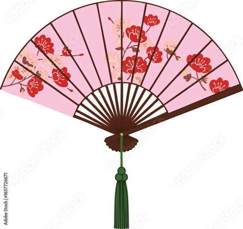 Handheld folding fan with red cherry blossom design and green tassel on pink background vector illustration decorative accessory 