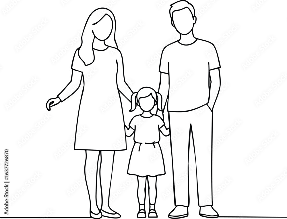 Family silhouette holding hands with little daughter in simple line art style for lifestyle and relationships vector illustration Family silhouette holding hands with little daughter in simple line art style for lifestyle and relationships vector illustration