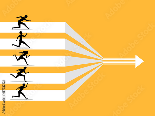 Photos team of businesspeople stand along a path of arrows that converge at the end