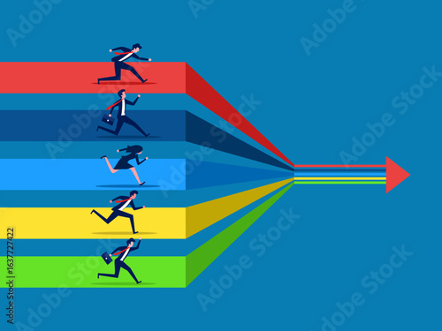 group of businesspeople run along a path of arrows that converge at the end