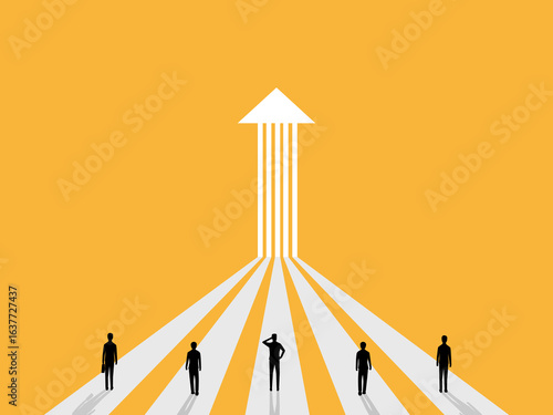 team of businessmen stand on a multi-directional arrow pointing to a single goal