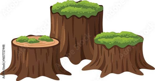 Tree Stumps with Green Moss on Top Natural Forest Elements Vector Illustration for Nature Designs 
