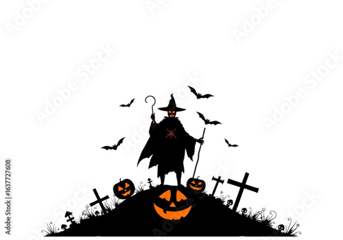 Spooky Halloween Day Vector Silhouette Illustration Featuring a Scary Ghost, Spooky Pumpkins, and Flying Bats on a Transparent Background.