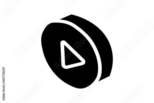 The image is a black and white, isometric illustration of a play button. The play button is depicted as a three-dimensional cylinder with a triangular play symbol recessed into its top face.