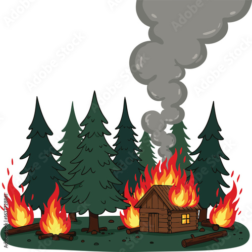 Forest wildfire spreading around cabin with smoke rising and flames burning trees and logs vector illustration 