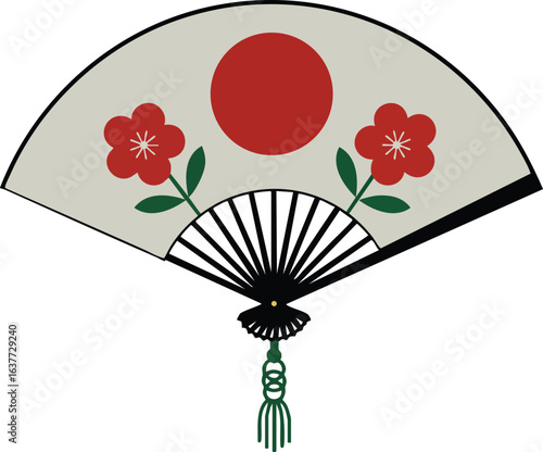 Japanese traditional fan with red flowers and red circle design elegant cultural accessory vector illustration 