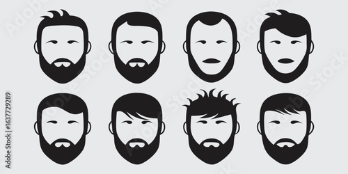 Collection of Stylized Black Silhouettes of Men's Faces with Beards male