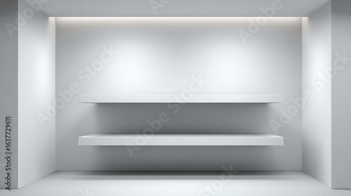 Wallpaper Mural Minimalist White Interior with Empty Shelves for Product Display, Clean and Modern Mockup Backdrop Torontodigital.ca