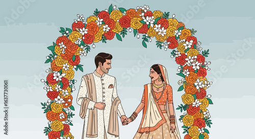 Illustration of a couple in traditional Indian wedding attire holding hands under a floral archway against a light blue background.