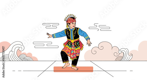 Stylized illustration of a Javanese dancer in traditional costume, performing a dance.