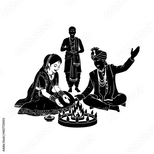 Minimal Hindu Wedding Sacred Fire Ceremony with Priest Vector Illustration