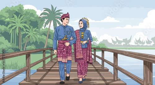 Couple in traditional Malay attire stroll hand-in-hand across a wooden bridge overlooking a tranquil lake.
