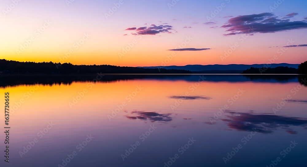 Naklejka premium Serene Lake Reflection at Sunset with Forest and Mountains Silhouette