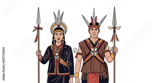 Traditional tribal couple in ceremonial attire, holding spears, showcasing indigenous culture.