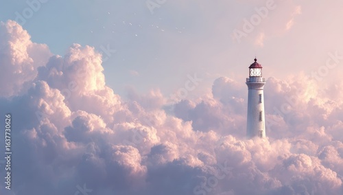 Fototapeta Naklejka Na Ścianę i Meble -  Lighthouse floats amidst soft, pastel-colored clouds