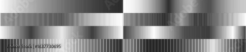 Stripe gradients. Black and white vertical stripe textures with optical motion, vibration and depth effects. Geometric distortion pattern for modern backgrounds, print, posters. Vector set