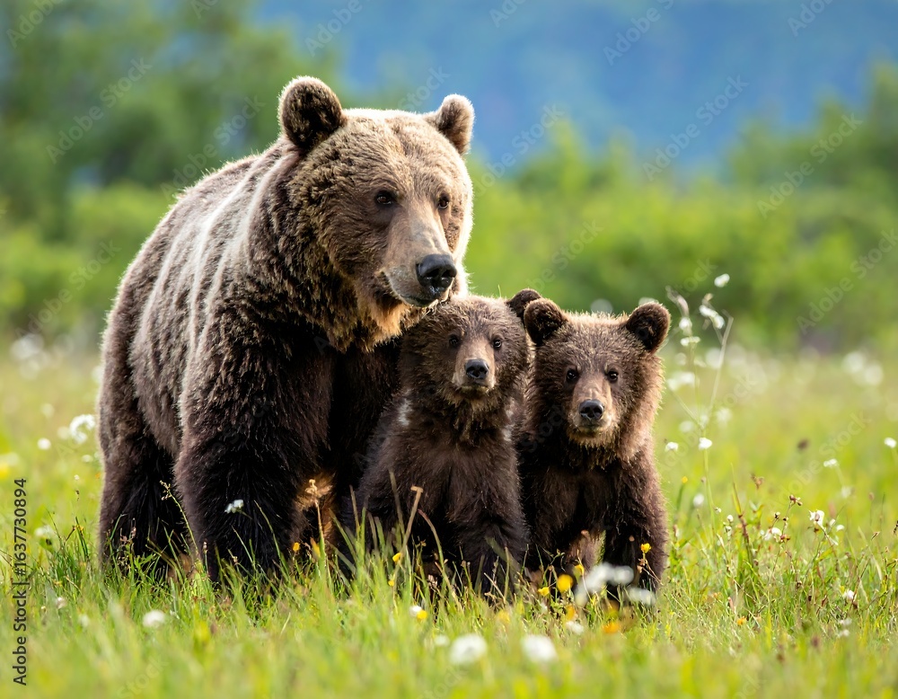 Fototapeta premium A powerful brown bear sow stands protectively with her two playful cubs in a lush green meadow, a tender portrait of a wild animal family in their natural habitat.