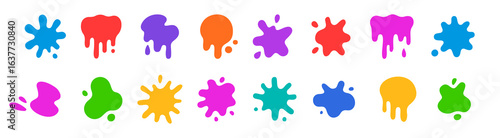 Color ink blots. Colorful paint splatters and drips in organic splashes. Bright, playful, bold abstract graffiti spots for kids art blobs, comics, pop art design. Vector isolated set