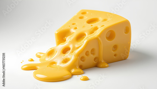 Close-up of a cheddar cheese wedge melting, highlighting its porous texture and dripping cheese flow, perfect for depicting food concepts or culinary themes.