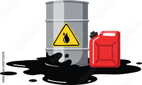 Oil barrel with spilled petroleum and red fuel canister vector illustration for industrial hazard and fuel storage safety concept