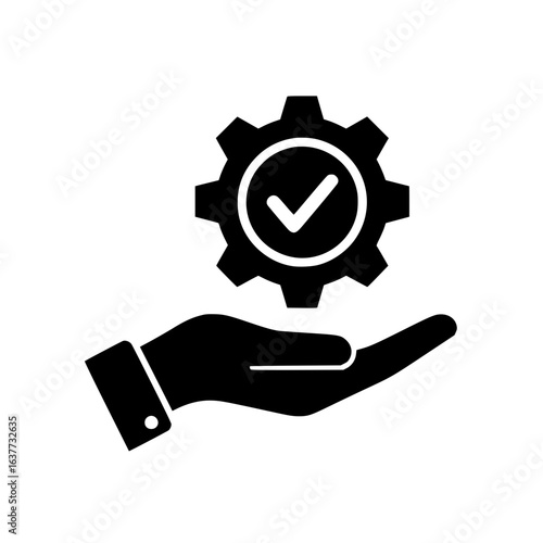 Hand holding approved gear mechanism:Quality control, process optimization, successful project completion, business solution icon.