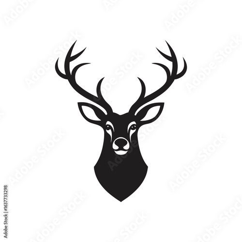 Stylized Black Silhouette of a Deer Head with Antlers on a White Background stag buck
