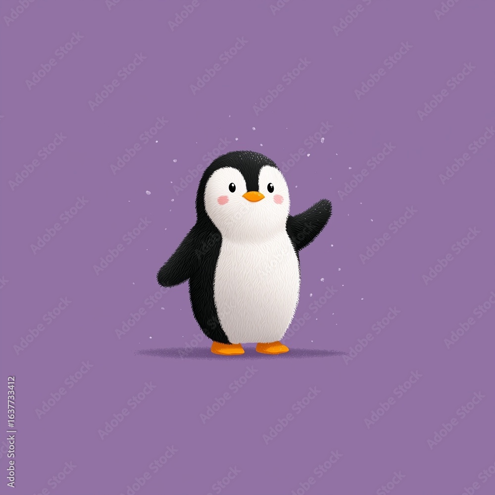 Fototapeta premium Cute cartoon penguin waving in simple flat vector style on purple background, minimalistic 2D design with clean shapes and solid colors, perfect for children’s app logo, or playful graphic use.