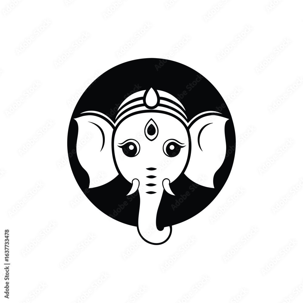Fototapeta premium Stylized White Ganesha Elephant Head Icon with Third Eye on Black Circle hindu religion