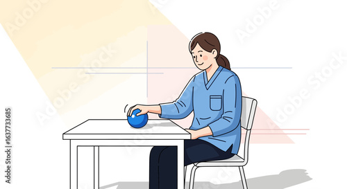 Woman gently rolls a blue therapy ball on a table, engaging in hand rehabilitation exercises.