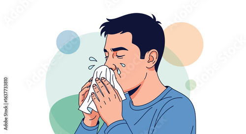 Man blowing his nose, suffering from a cold or allergies, illustrated.