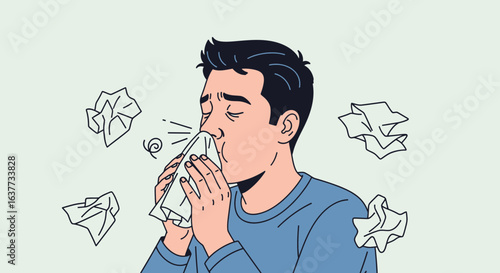Man sneezing into a tissue with used tissues floating around him, depicting illness and cold symptoms.