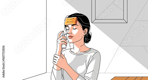 Woman soothes headache with cool spray and forehead compress.